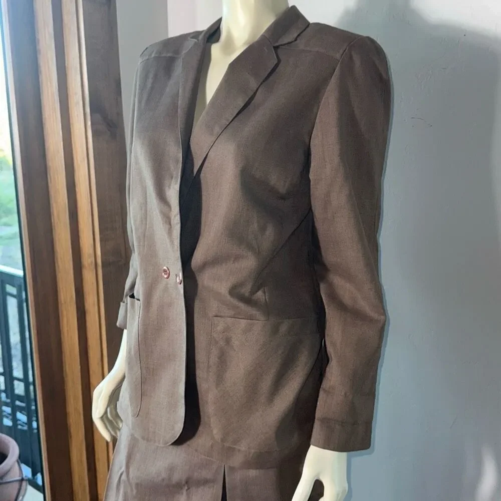 Vintage 80’s Brown Beige Linen Blend Oversized Bold Shoulder Double Breasted Wom